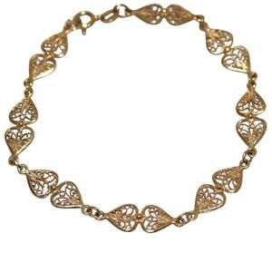 14K Solid Gold Heart Motif Filagree Bracelet 7” Long